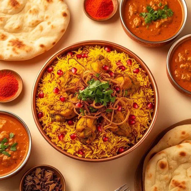 Saffron pilaf with curries, naan and spices, signature Feast Pilaf spread